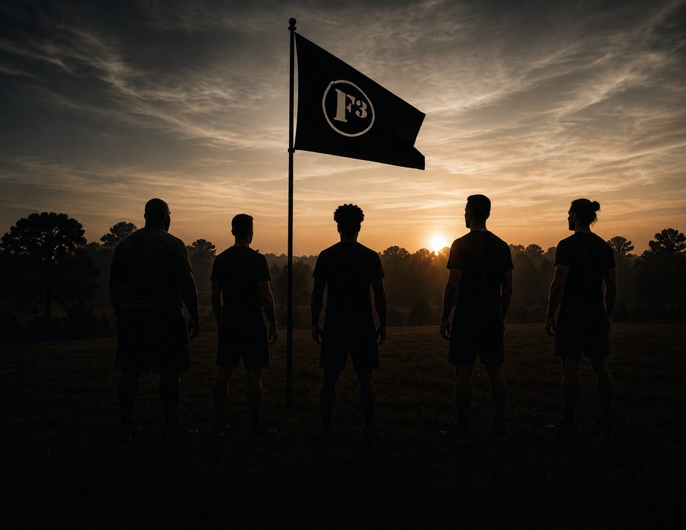 F3 men standing beneath an F3 flag at sunrise